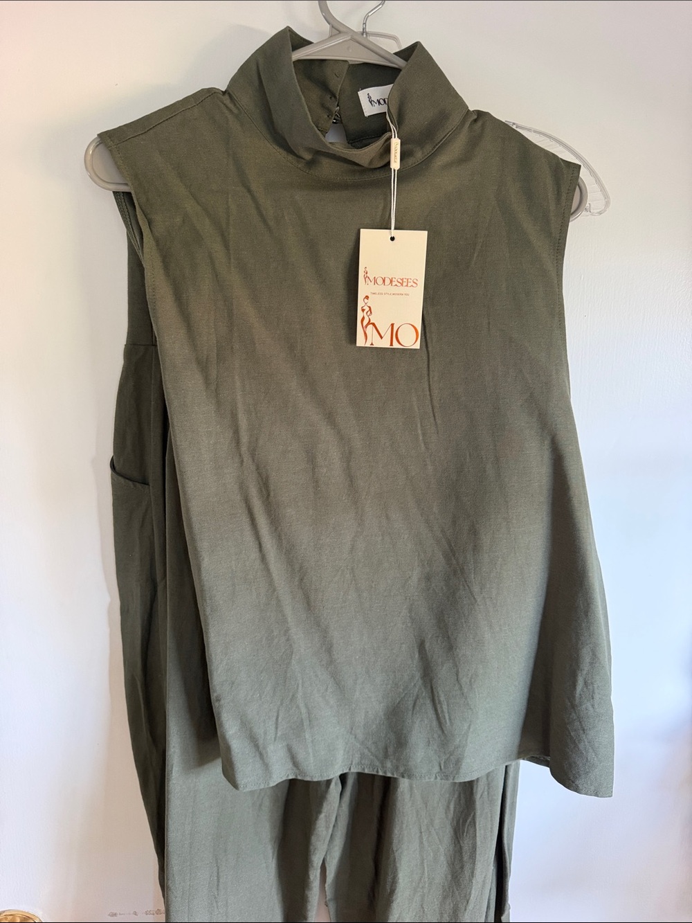 Modesees Olive Green cotton/linen Sleeveless Mock Neck Top and wide leg pants